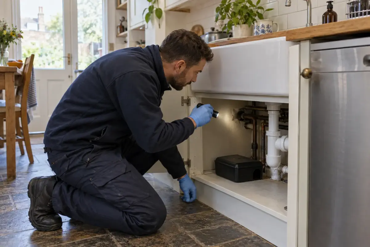 Technician inspecting pipe entry points beside a rodent monitoring station under a kitchen sink