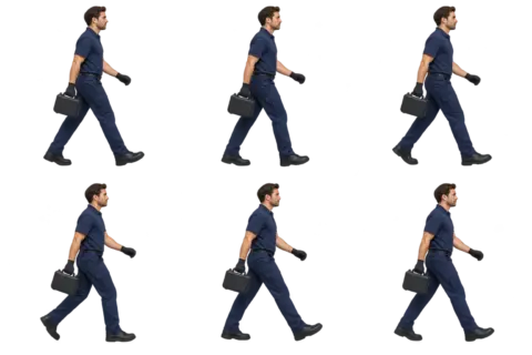 Illustrative pest-control technician walking with an inspection case