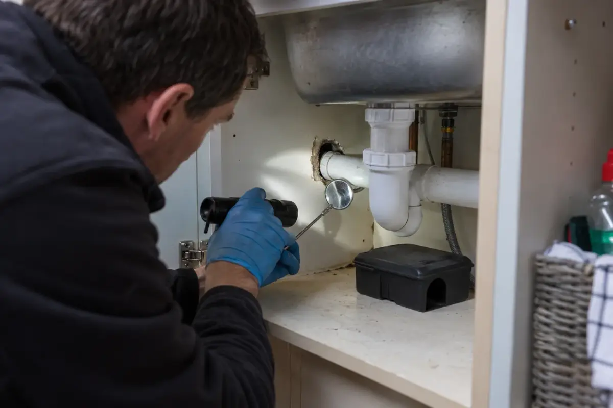 Technician inspecting a mouse access gap around under-sink pipework