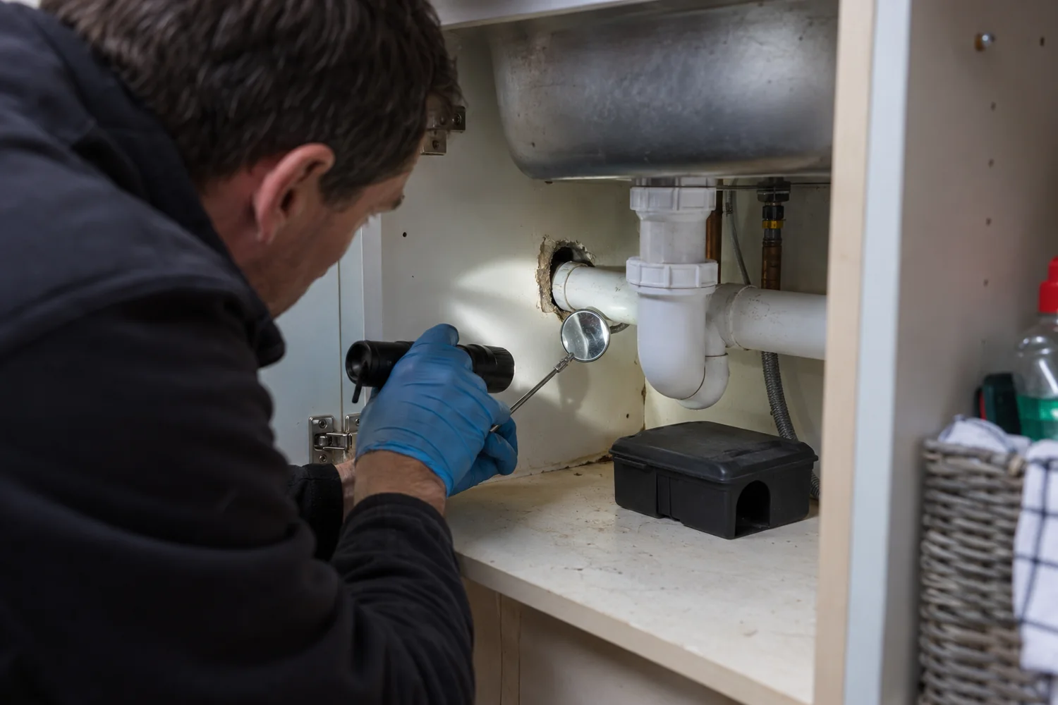Technician inspecting a mouse access gap around under-sink pipework