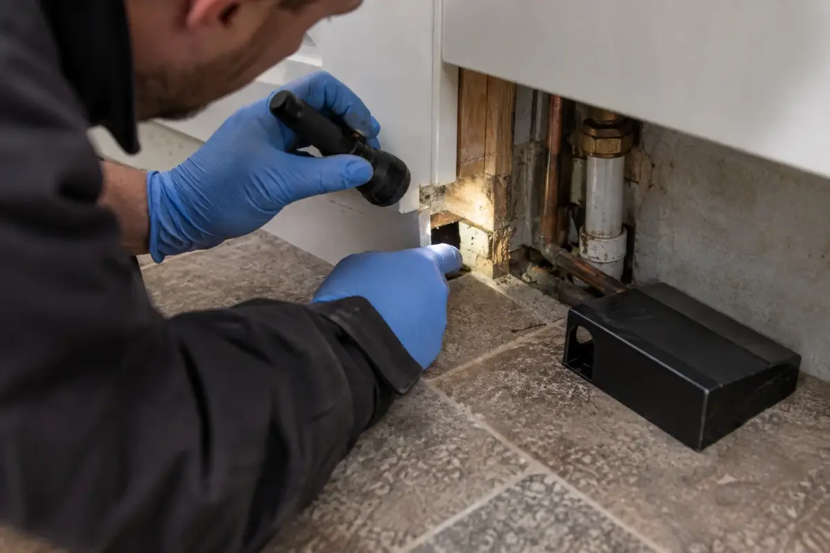 Gloved hands inspecting a small mouse entry gap behind a kitchen plinth
