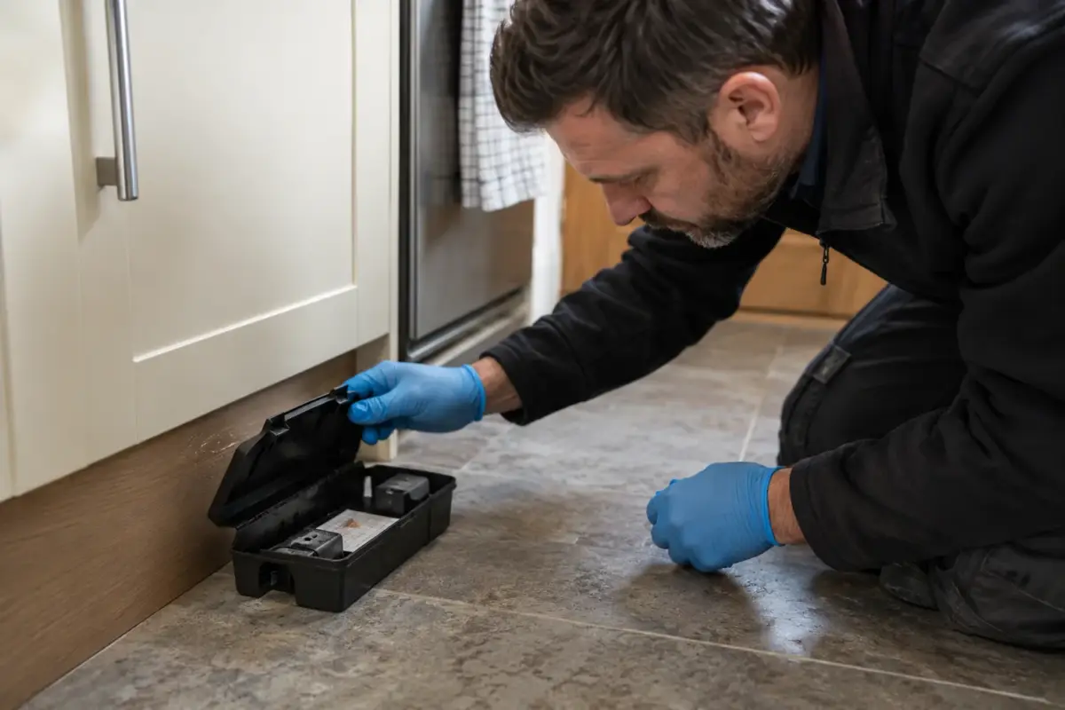 Technician checking a mouse monitoring station beside kitchen units