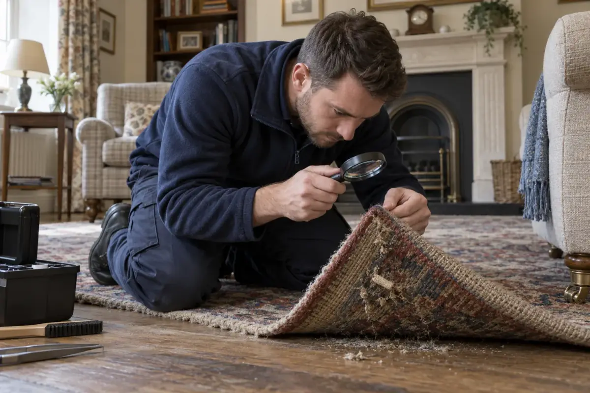 Technician examining moth damage and a larval case at a wool rug edge