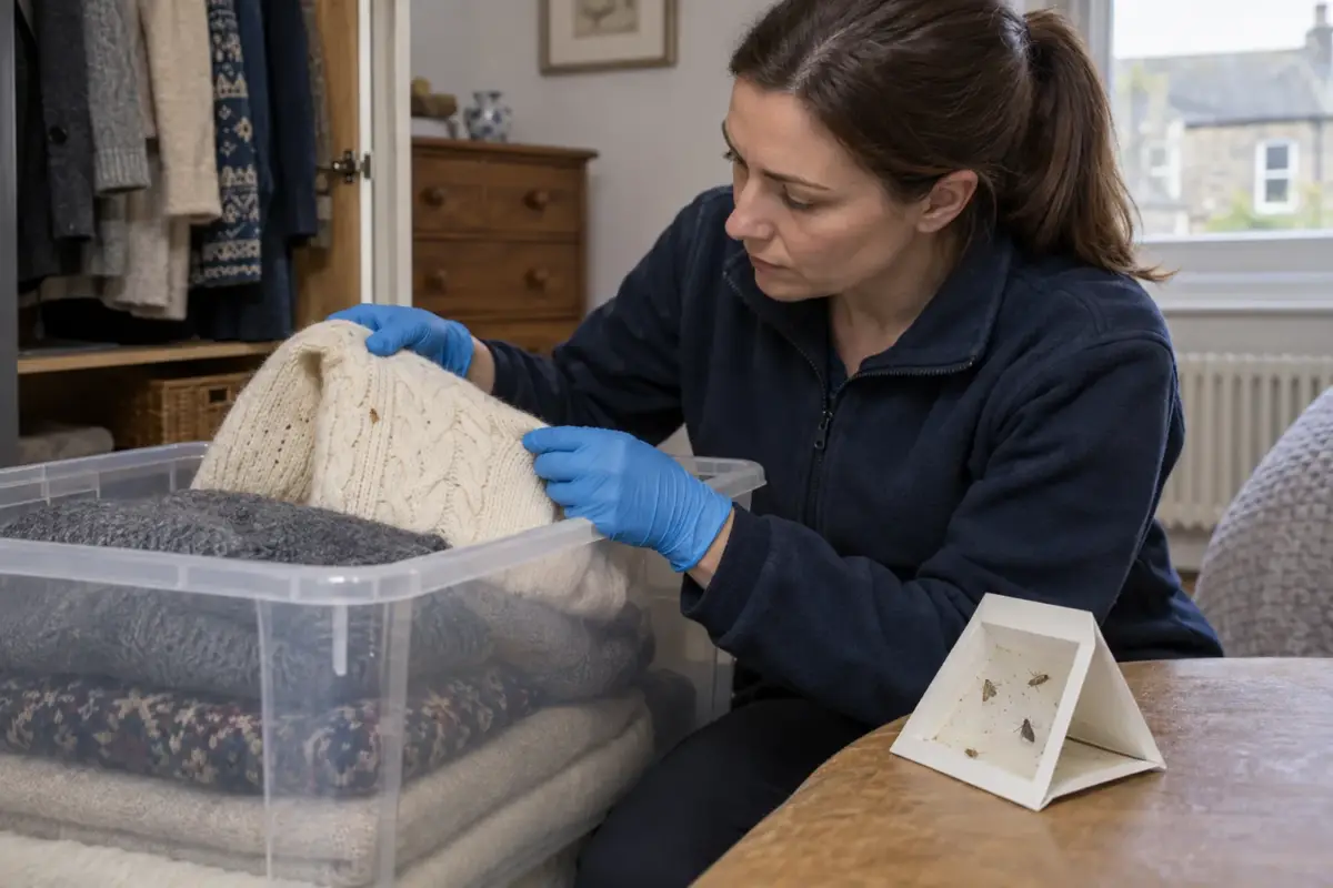 Technician inspecting stored wool clothing beside a clothes-moth trap