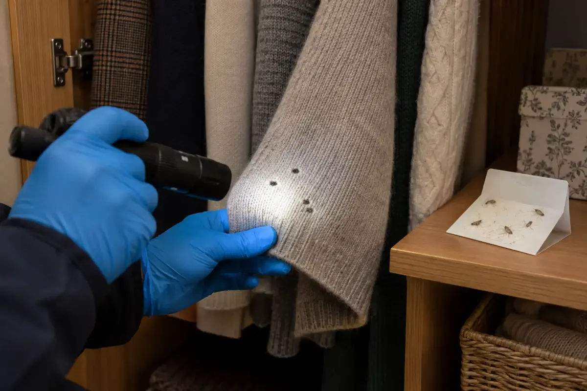 Gloved hands inspecting moth holes in a wool garment beside an insect trap