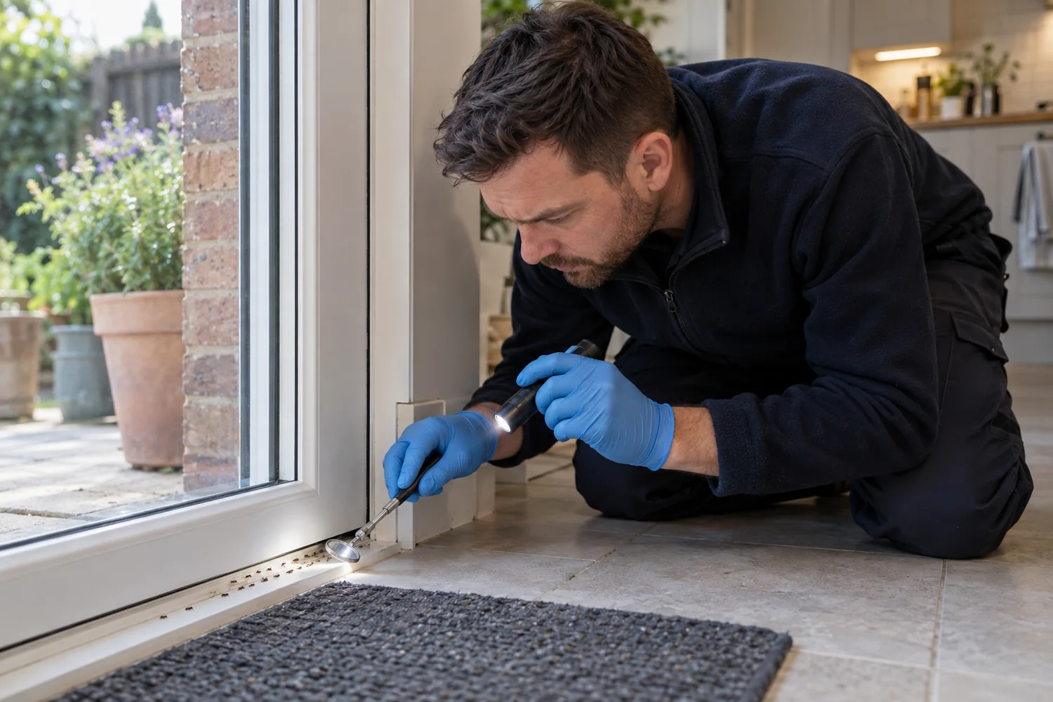 Technician following a small ant trail along a patio door threshold