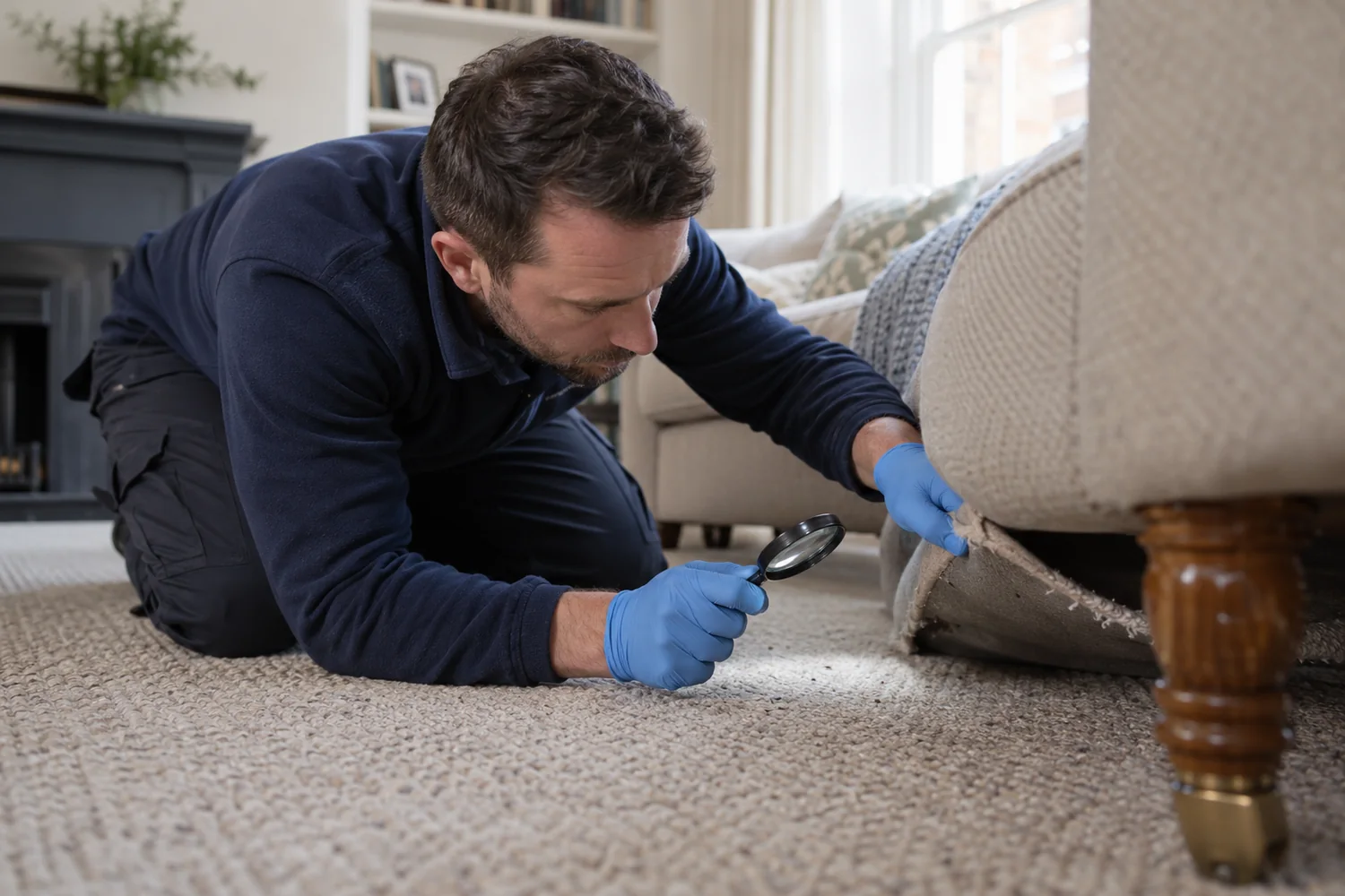 Technician inspecting carpet damage beneath upholstered furniture
