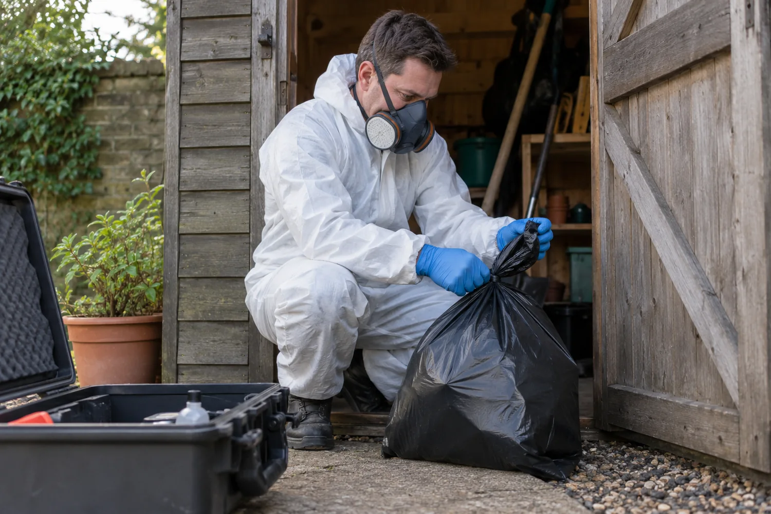 Protected technician securing a sealed animal-removal bag beside a shed