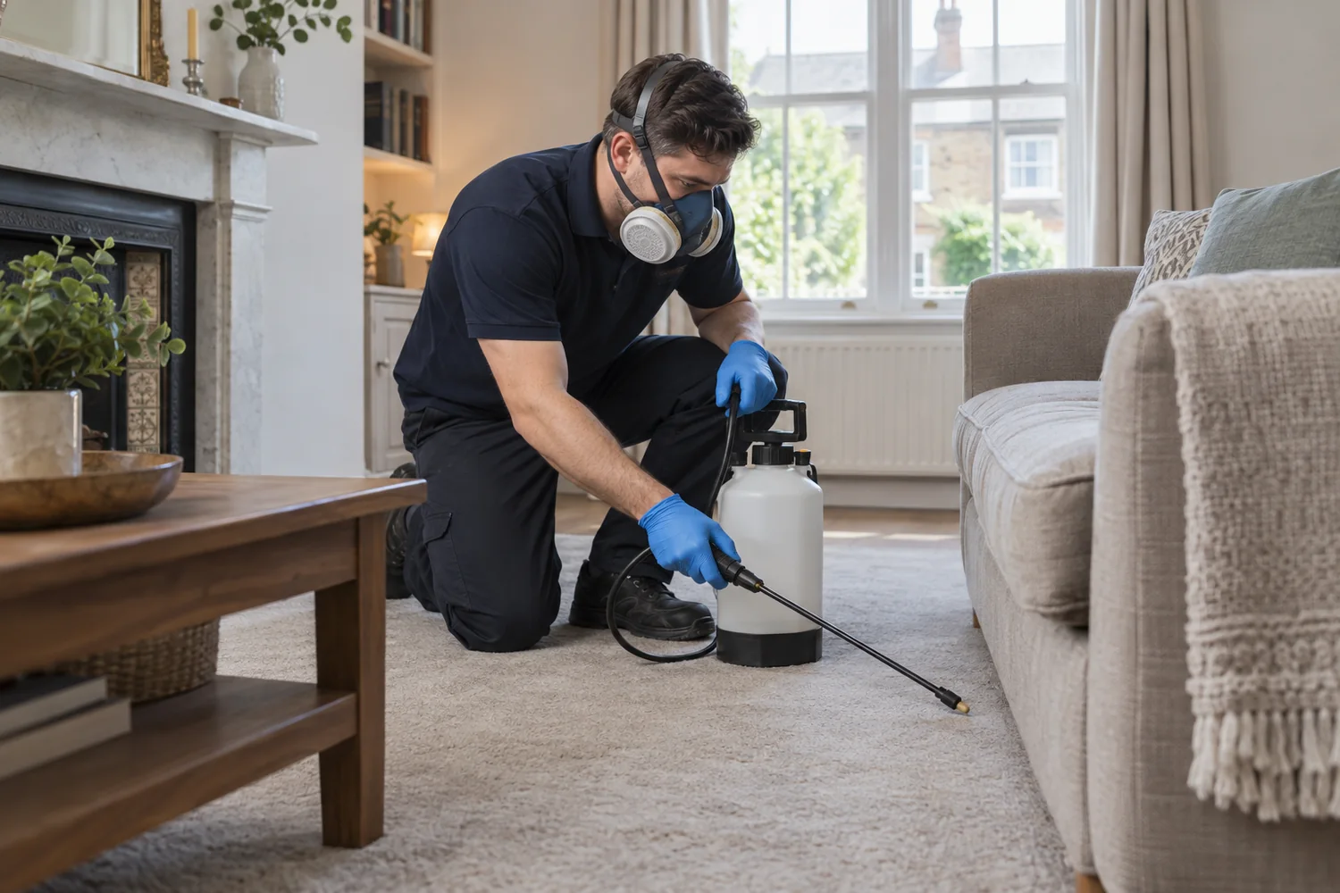 Technician applying targeted flea treatment along a carpet and sofa edge