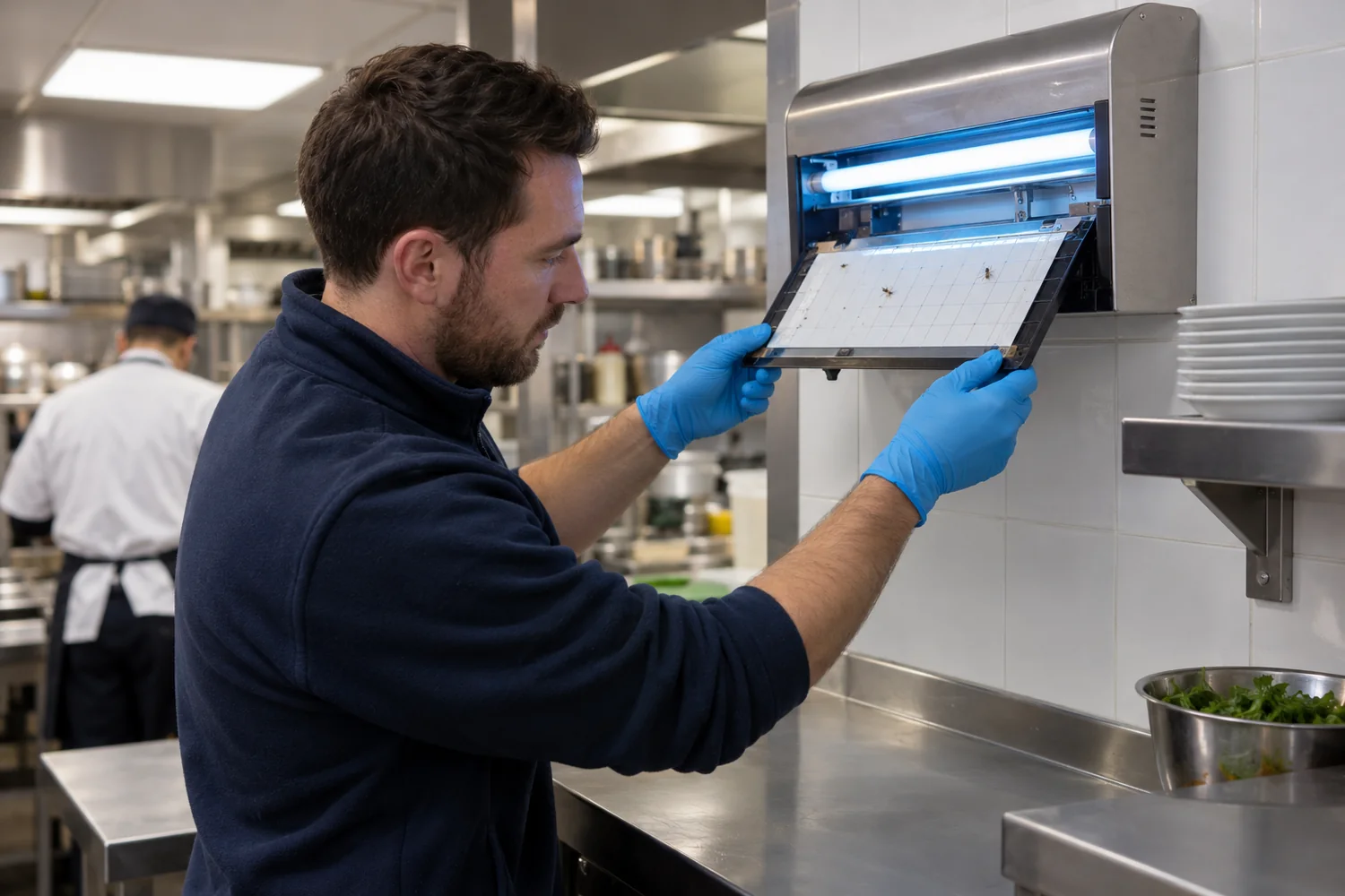 Technician inspecting a fly monitoring board in a commercial kitchen