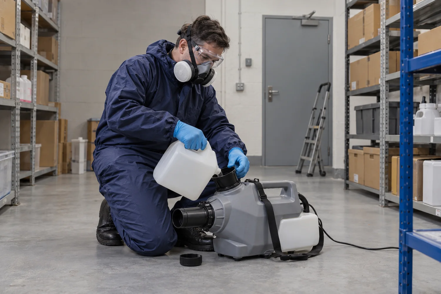 Protected technician preparing a professional fogging machine