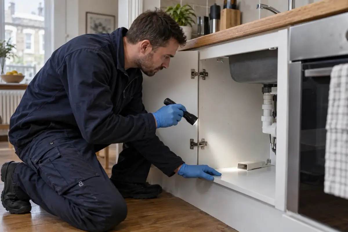 Technician checking a pest monitoring trap beneath a kitchen sink