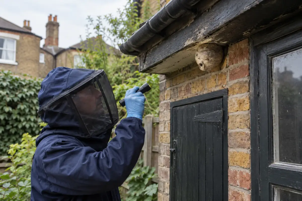 Protected technician inspecting a wasp nest on an exterior building