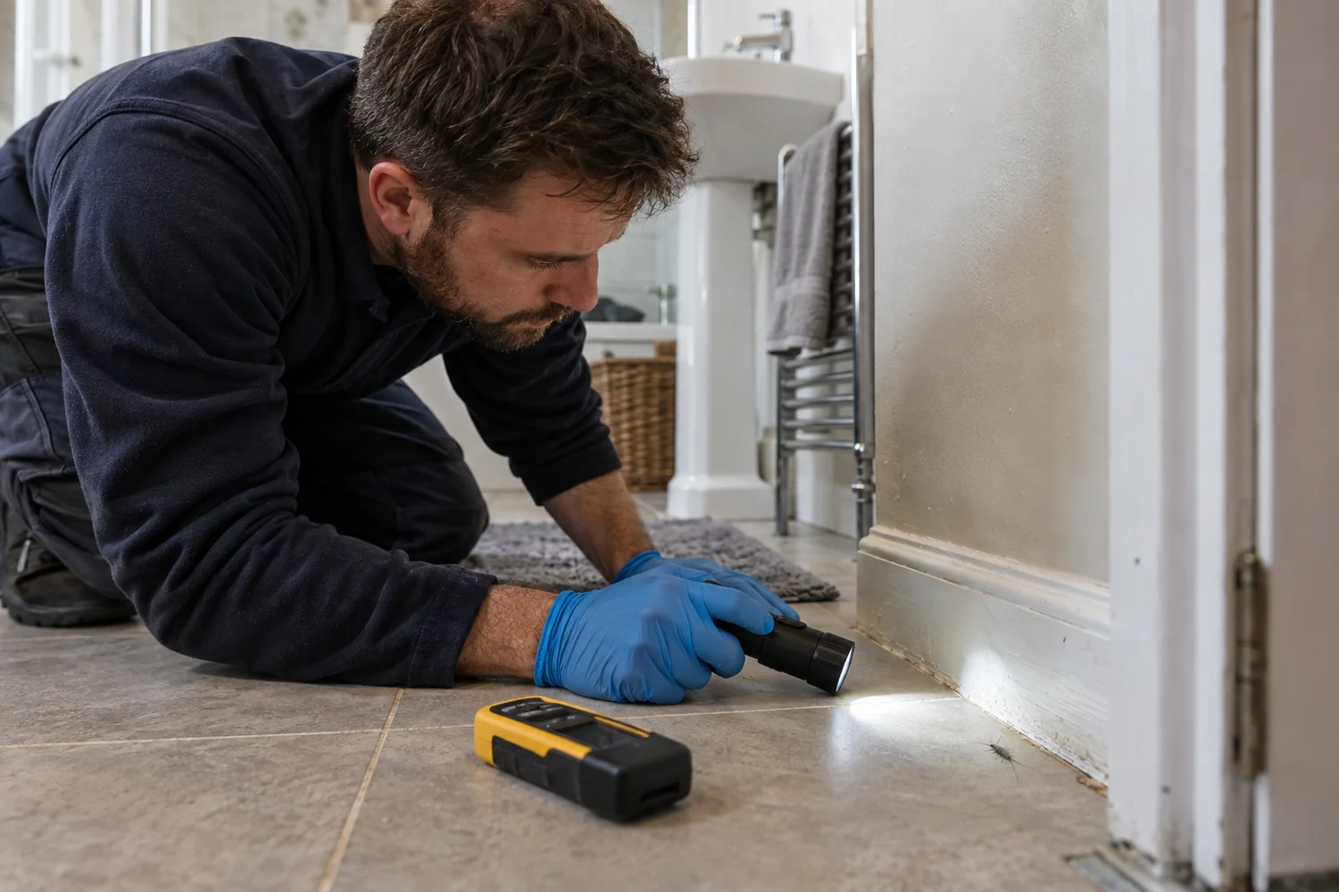 Technician inspecting a damp bathroom skirting edge for silverfish