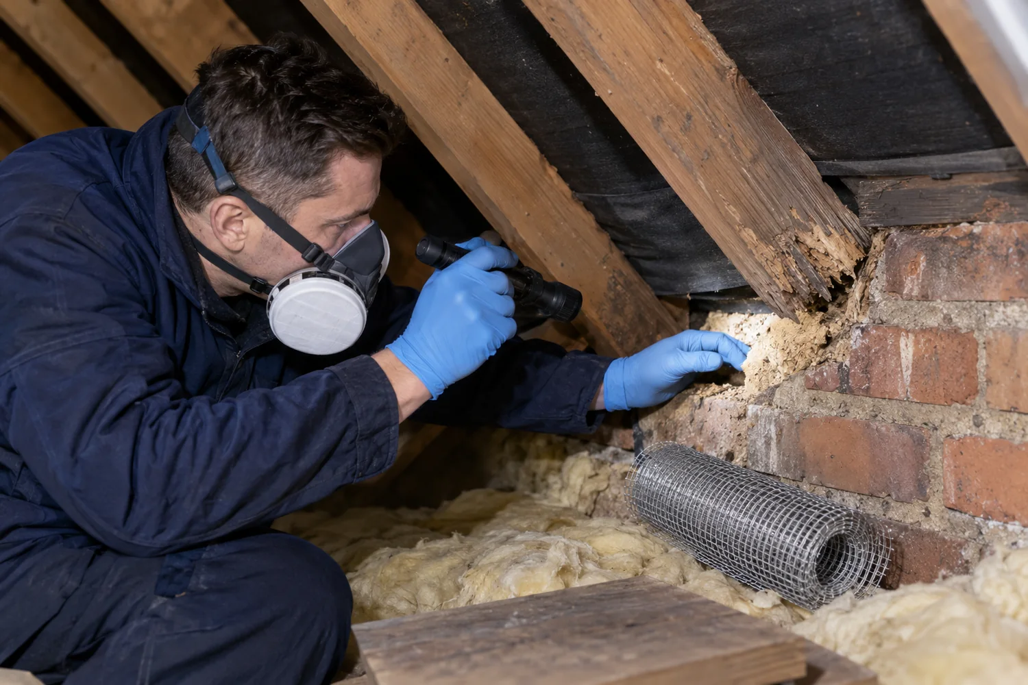 Technician inspecting gnawed timber at a squirrel access point in a loft