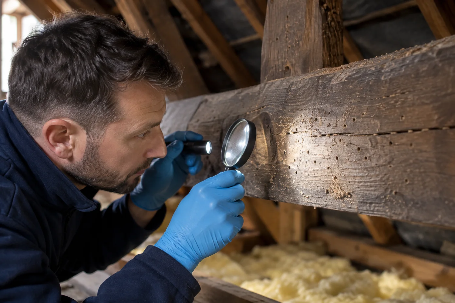Technician examining timber exit holes and woodworm damage with a magnifier
