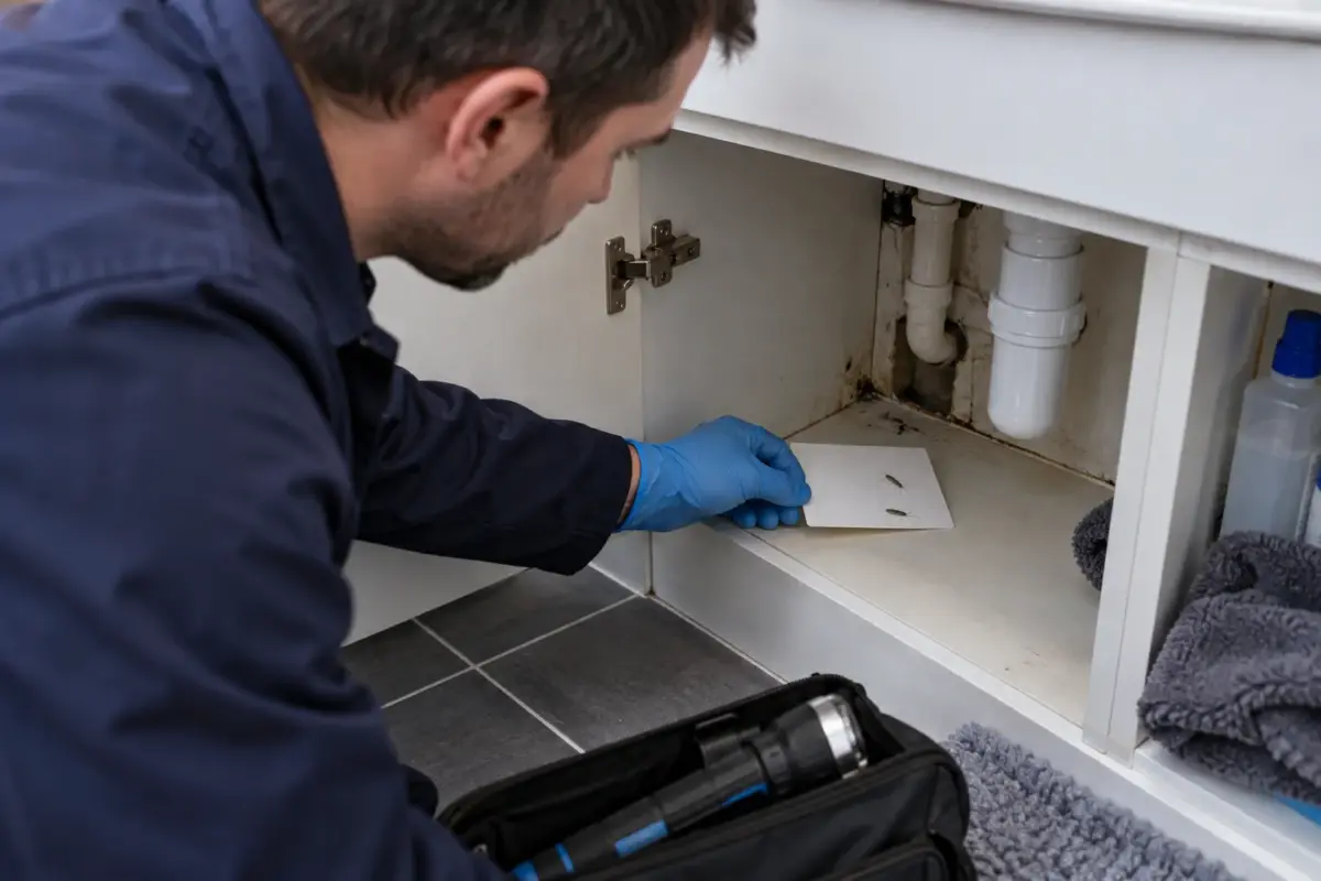 Technician inspecting a silverfish monitoring card beside bathroom pipe gaps