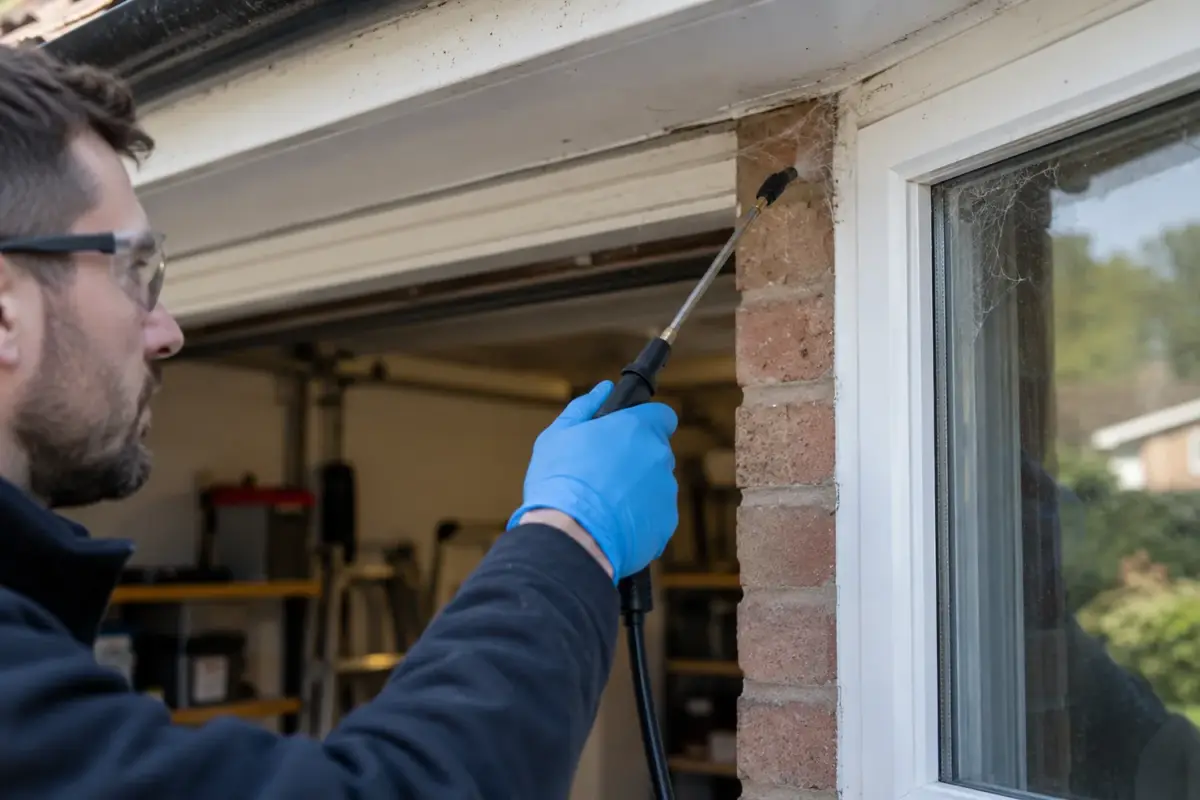 Technician targeting a spider entry point beside an exterior window web