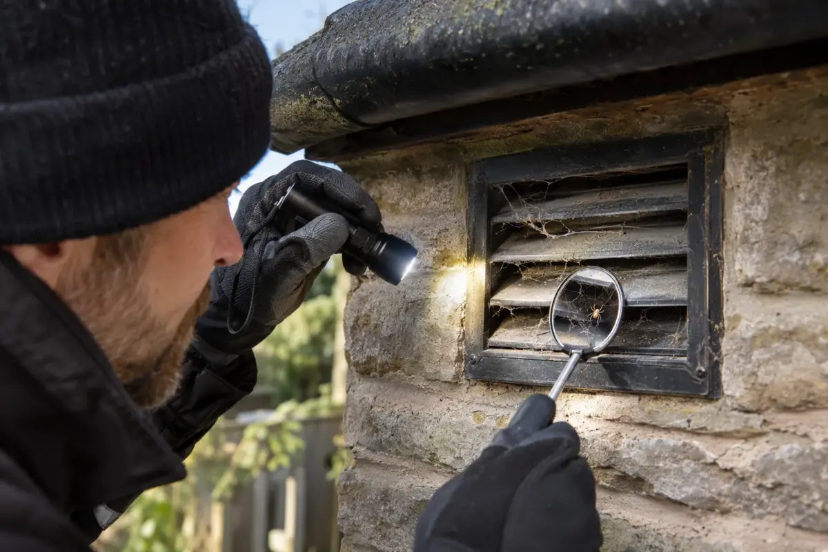 Technician inspecting a spider and web at an exterior air vent