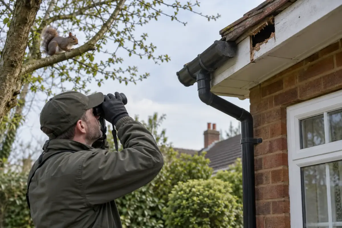 Technician assessing gnawed roof eaves with a squirrel nearby