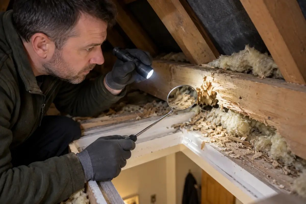 Technician inspecting squirrel gnaw damage around a loft access opening
