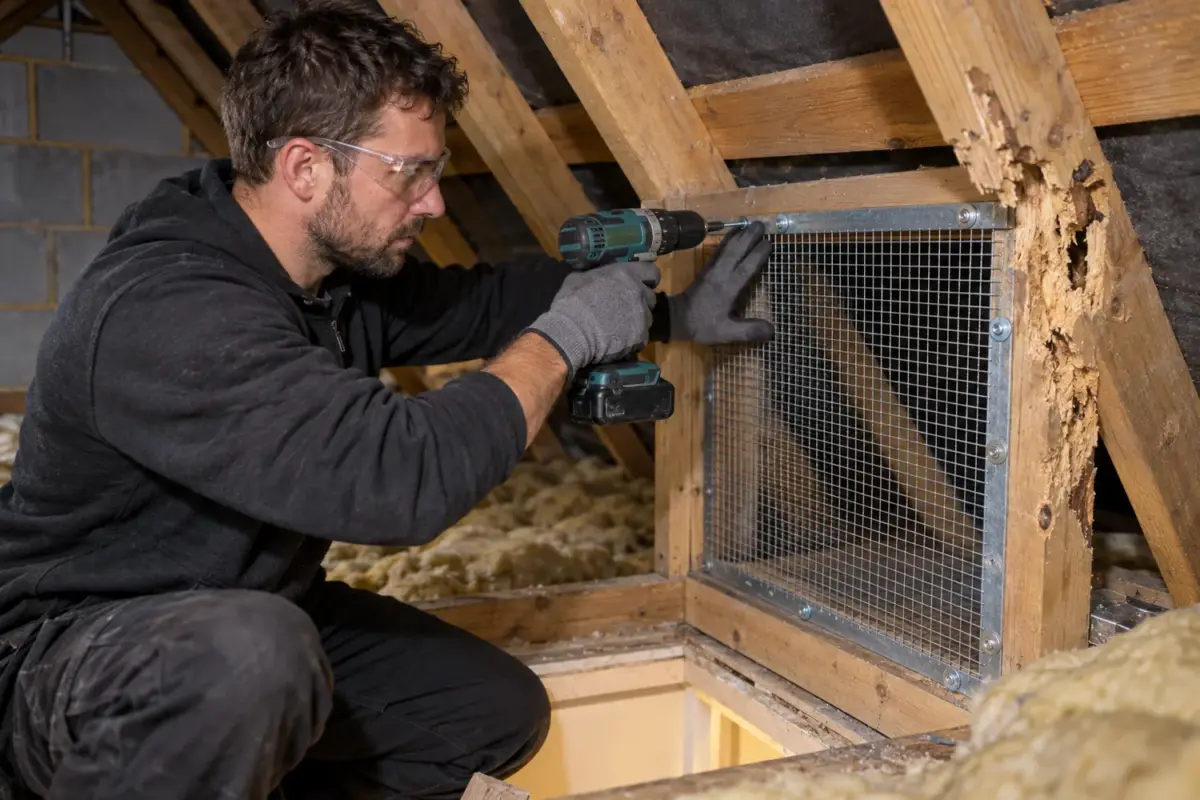 Technician fitting exclusion mesh across a squirrel-damaged loft opening