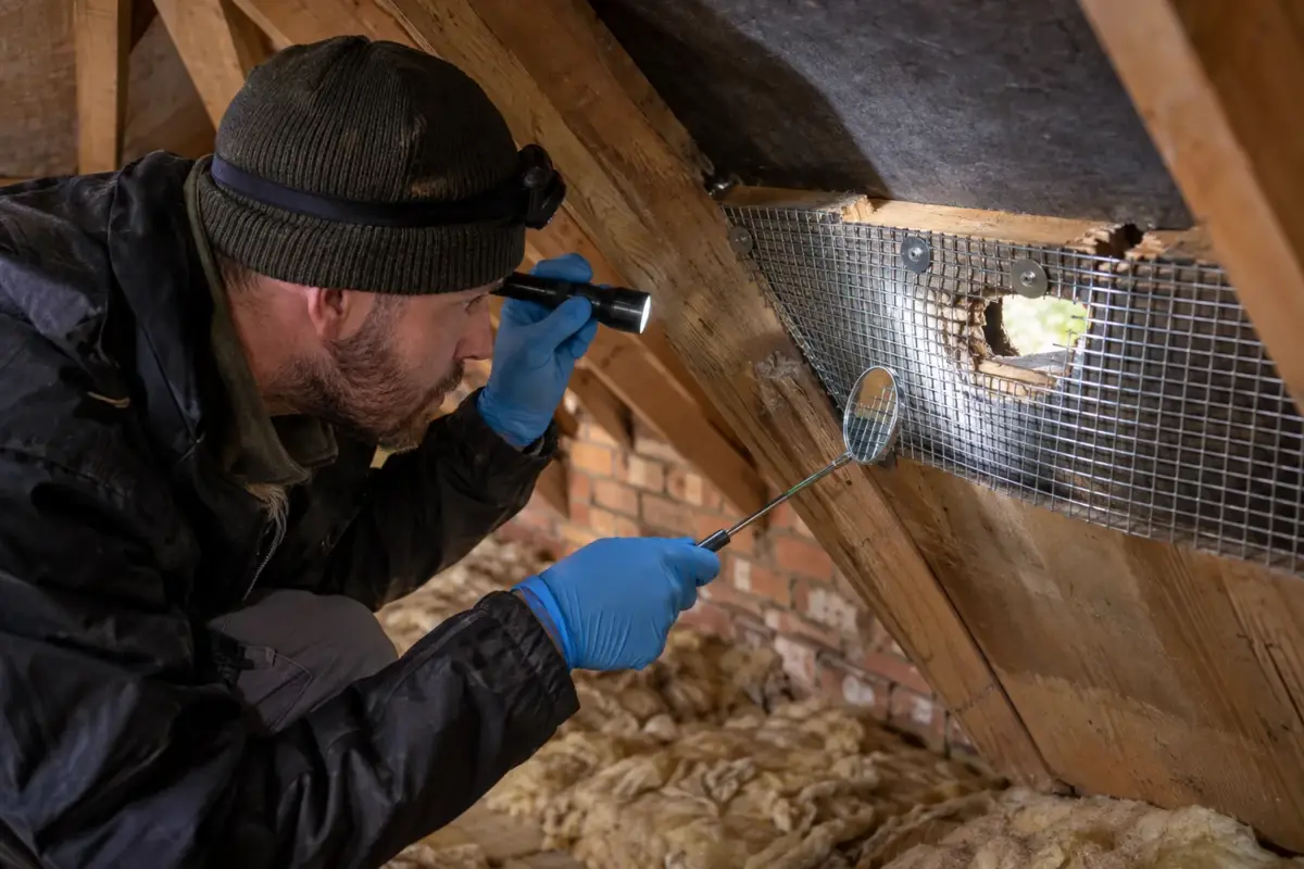 Technician inspecting damaged exclusion mesh at a loft access opening