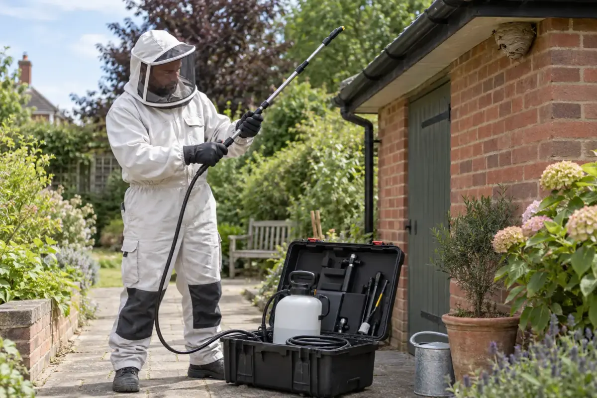 Protected technician preparing treatment equipment beside a wasp nest