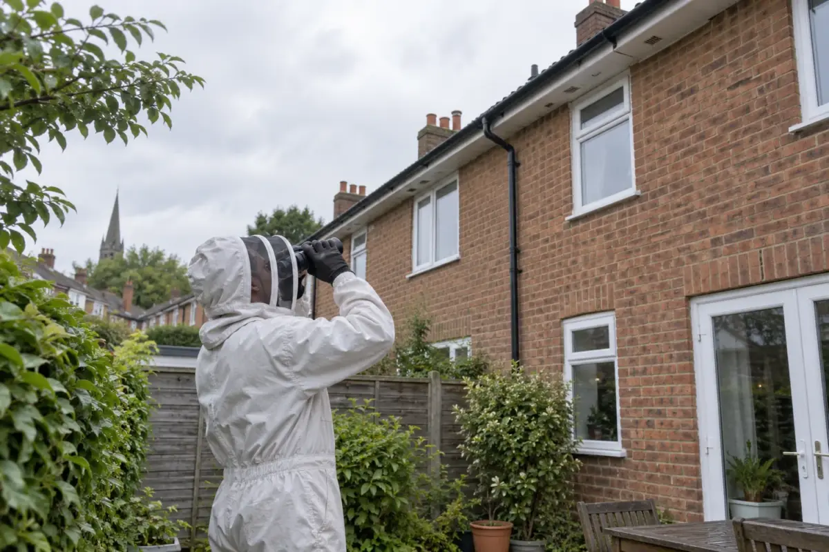 Protected technician assessing roof access for wasp nest treatment