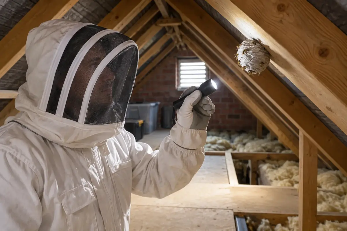 Protected technician inspecting a wasp nest inside a loft