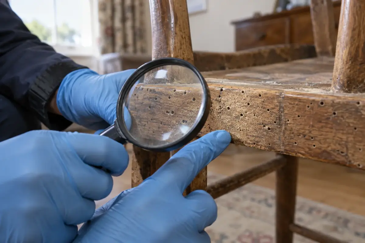 Gloved hands examining woodworm exit holes in wooden furniture