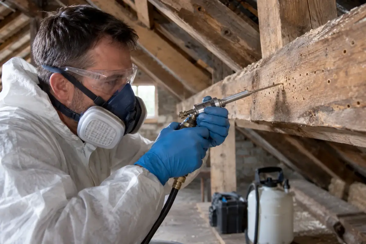 Protected technician treating woodworm exit holes in a timber beam